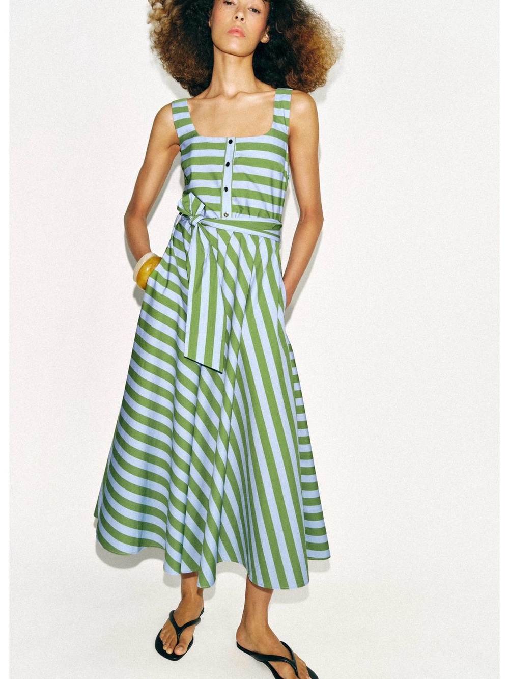 Zara Green and Light Blue Striped Midi Dress with Tie Belt
